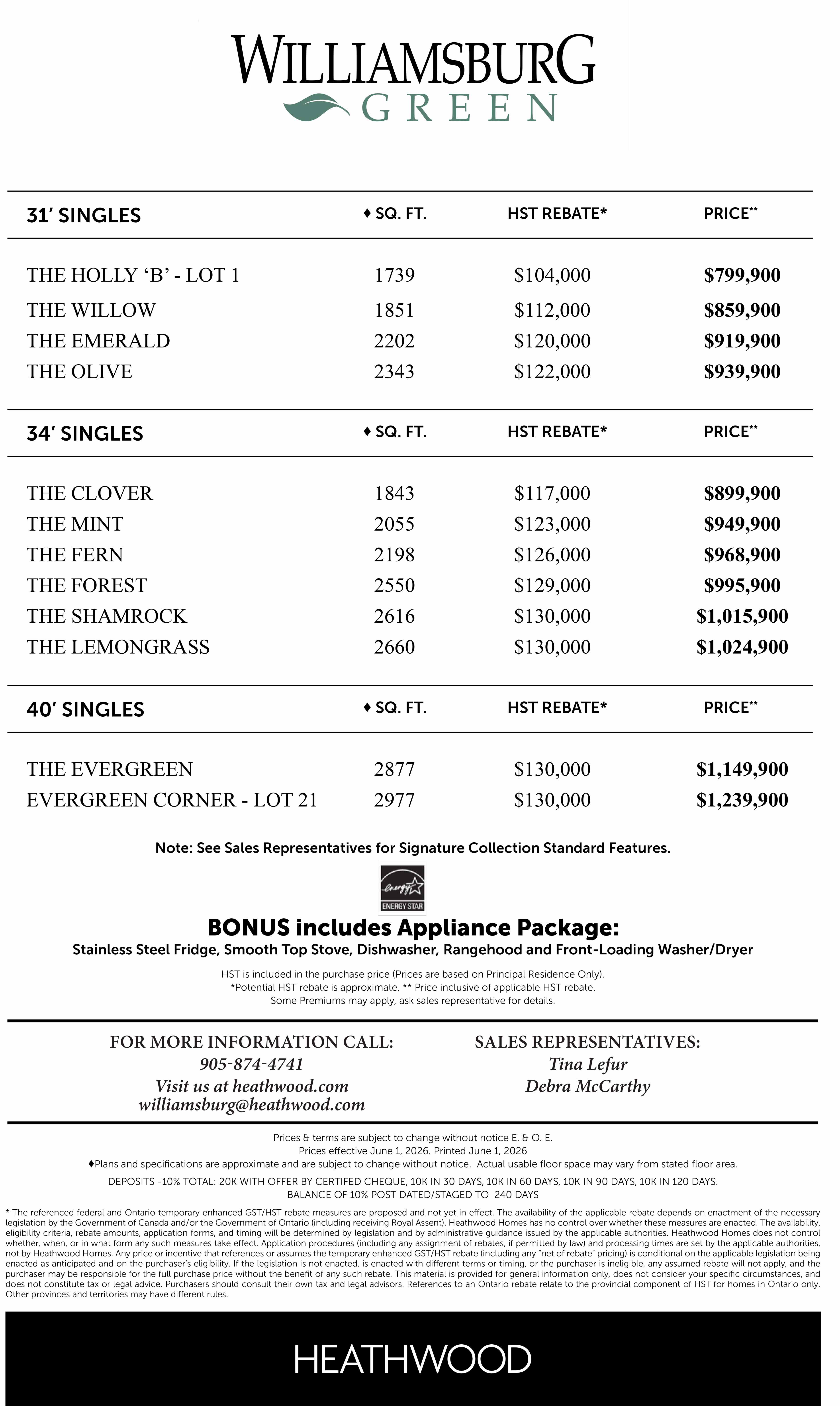 Williamsburg Kitchener Price List