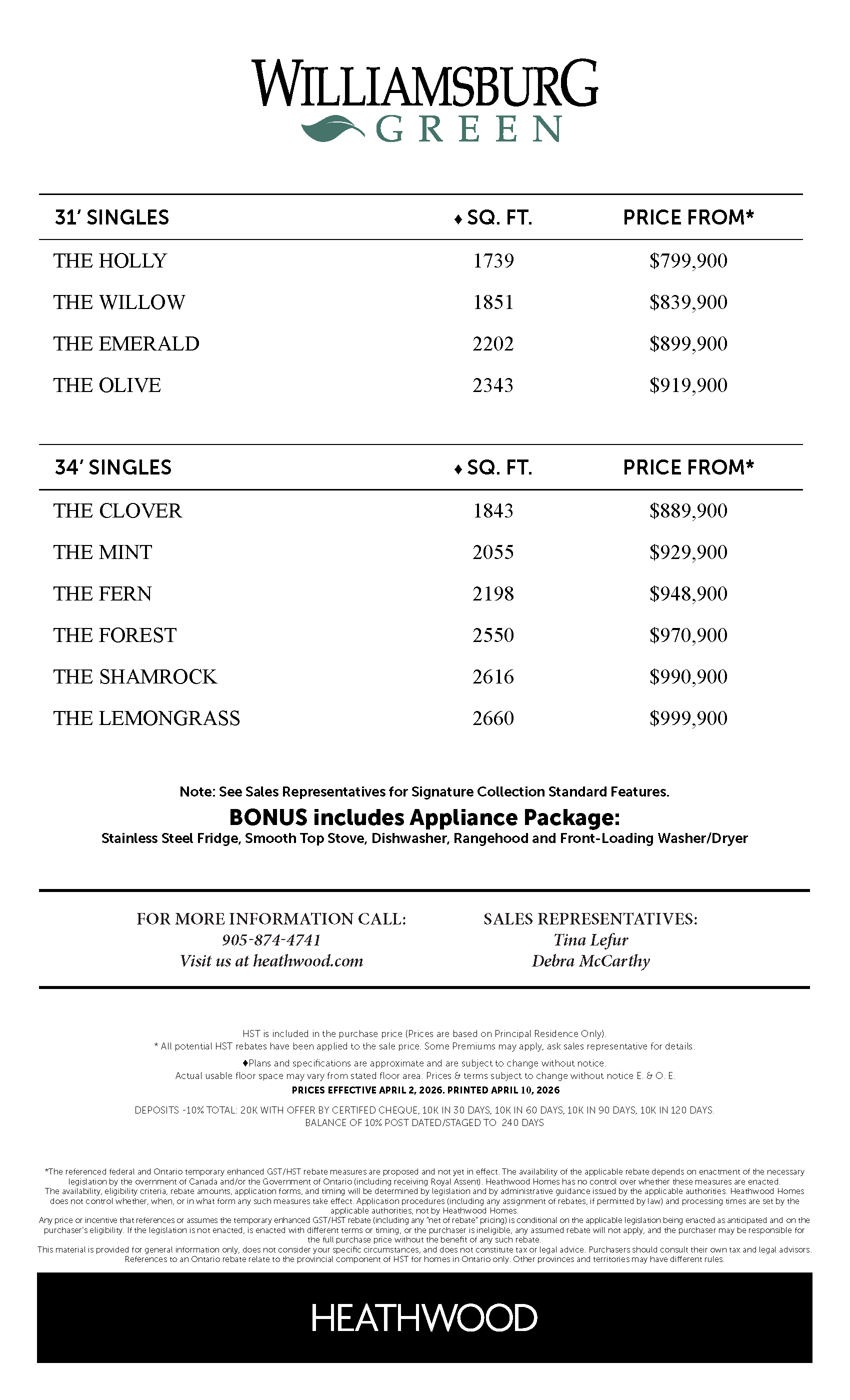 Williamsburg Kitchener Price List
