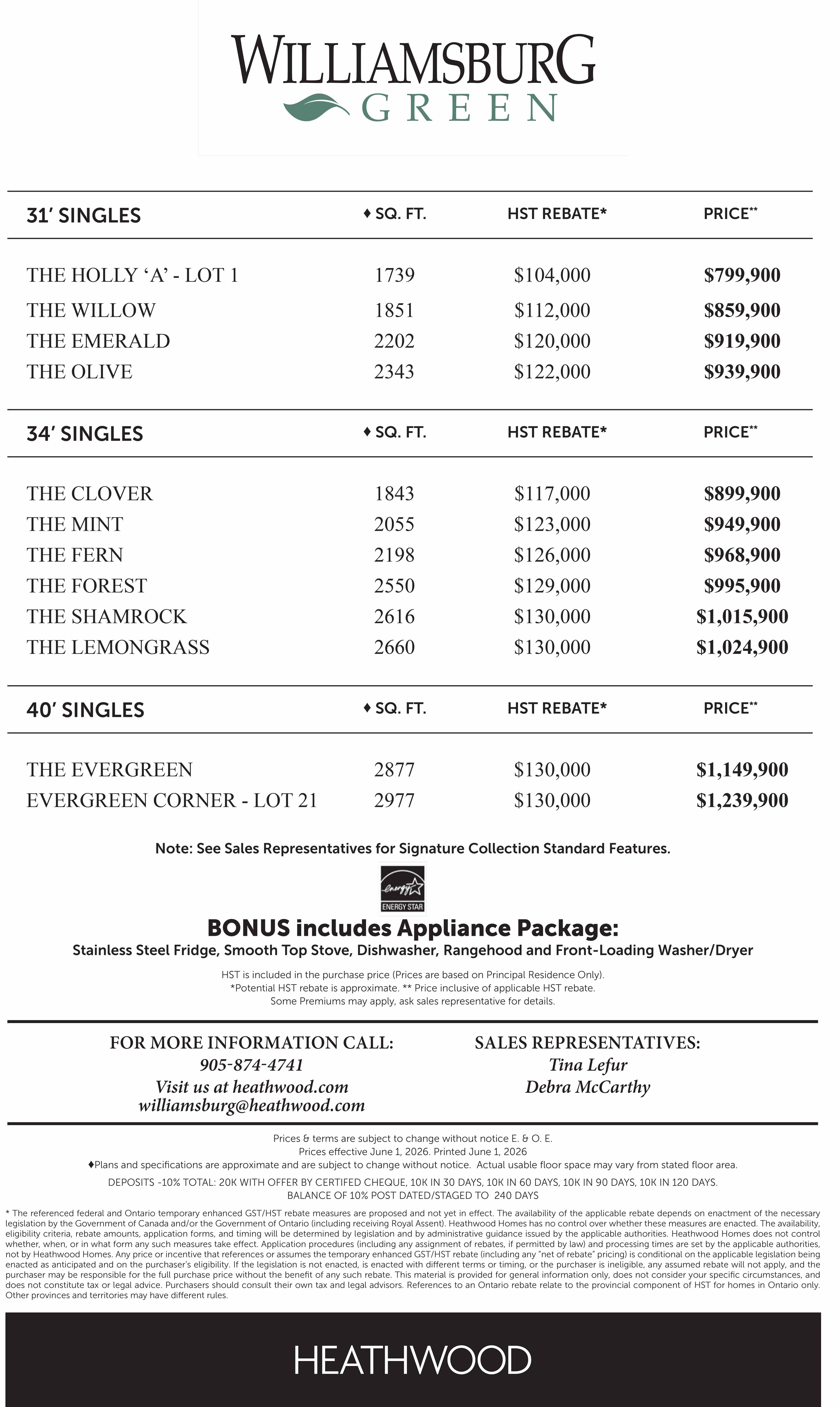 Williamsburg Kitchener Price List